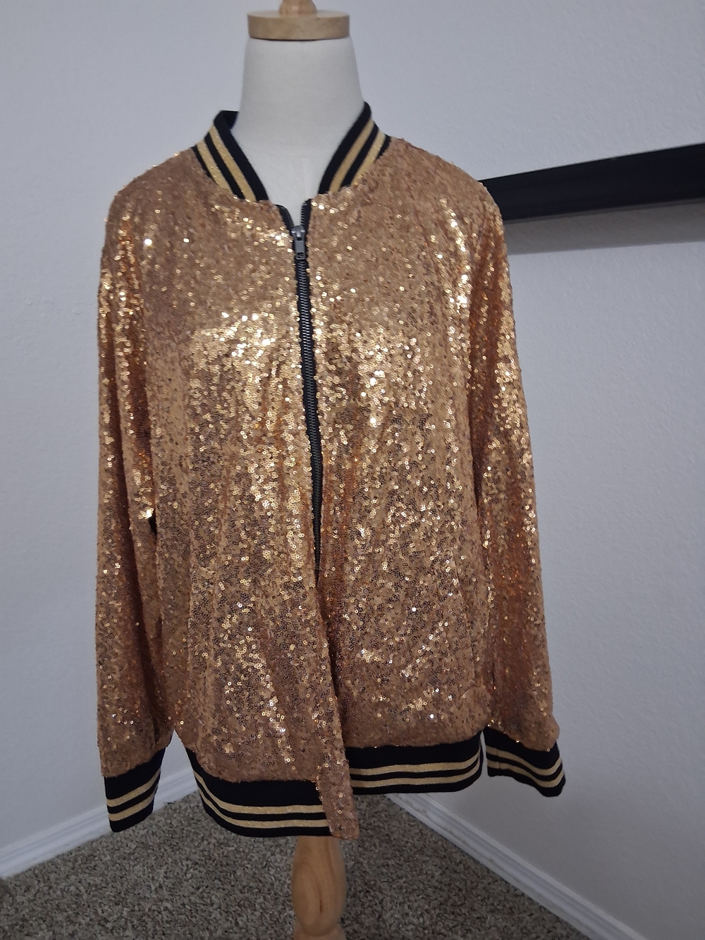 torrid Gold Sequin Bomber Jacket with Black-Trim Ribbing Size 2